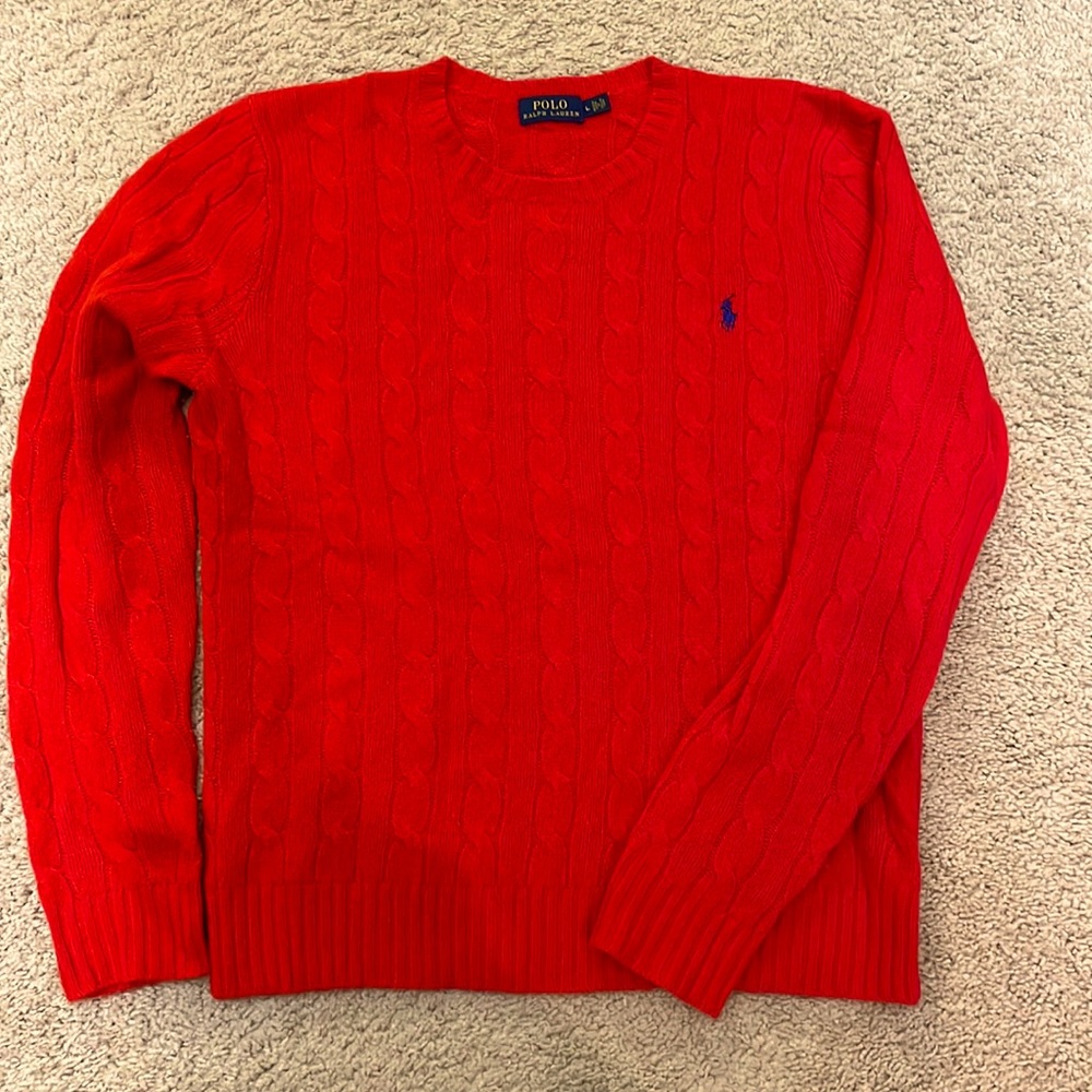 Polo Ralph Lauren classic red crew neck cable knit sweater.